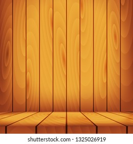 Wooden realistic table for presentations your product on a wooden background. 3D vector illustration. Interior of empty room