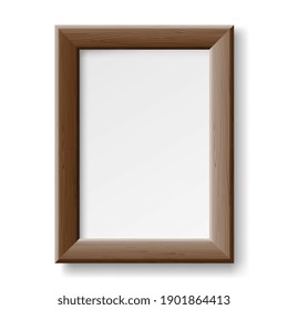 Wooden rectangle frame for picture or photo on wall. 3d design mockup template with copy space for home or office isolated on white background. Vector illustration