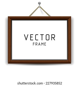 Wooden Rectangular 3d Photo Frame  On Metal Nail With Shadow Isolated On White Background For Diploma Or Picture . Vector Illustration