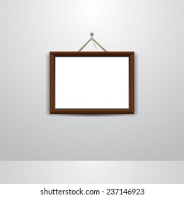 Wooden Rectangular 3d Photo Frame On Metal Nail With Shadow On Wall For Diploma Or Picture. Vector Illustration