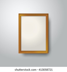 Wooden rectangular 3d photo frame with shadow. Vector illustration