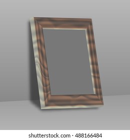 Wooden rectangular 3d photo frame with shadow. Vector illustration.EPS10