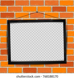 Wooden rectangular art frame with shadow on transparent red old brick wall background. Modern border shape photo interior furniture framework. Portfolio template