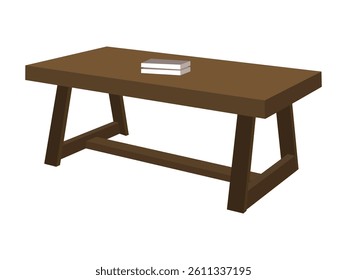 Wooden rectangular coffee table with angled legs and center support beam, books on tabletop