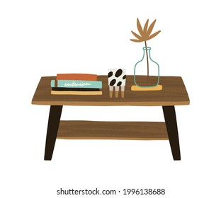 Wooden rectangular coffee table with vase, books and magazines for home interior design. Modern stylish wood furniture in Scandi style. Flat vector illustration isolated on white background