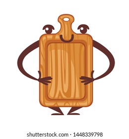 Wooden rectangular cutting board. Kitchen utensil mascot. Cartoon character design. Flat vector illustration isolated on white background