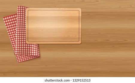 Wooden Rectangular Cutting Board And Traditional Red Plaid Linen Napkin On The Wooden Table. Vector Photo Realistic Kitchen Background. Top View