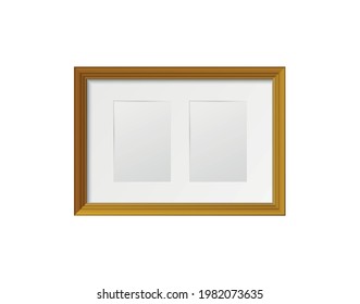 Wooden rectangular frame for two photos on white background realistic vector illustration