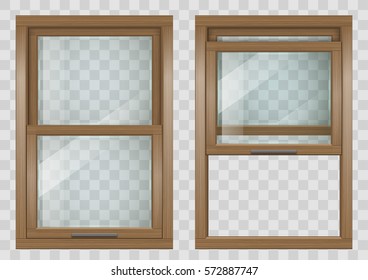 Wooden rectangular lifting Sliding window with clear glass. Vector graphics