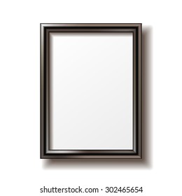 Wooden rectangular photo frame with shadow. Vector illustration