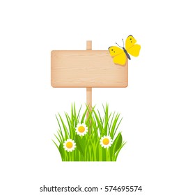 Wooden rectangular signboard with knots and cracks on a pole at the grass lawn with flowers and butterfly vector illustration