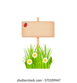 Wooden rectangular signboard with knots and cracks on a pole at the grass lawn with flowers and ladybug vector illustration