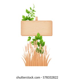 Wooden rectangular signboard with knots and cracks on a pole, hop branch and barley ears vector illustration