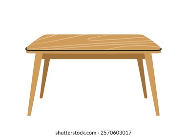 Wooden rectangular table with a natural wood texture, simple design, and four angled legs, placed on a white background. Vector illustration of furniture design