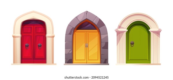 Wooden red door with arch front view. Entrance or gate. Cartoon vector illustration.