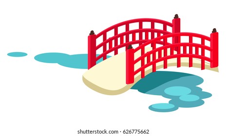 Wooden red japanese arched garden bridge across pond with water lilies flat vector isolated on white background. Traditional oriental landscaping element illustration for tourist concept and travel ad