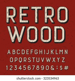 Wooden retro alphabet font. Sans serif type letters, numbers and symbols on the red distressed background. Vintage vector typography for labels, headlines, posters etc.