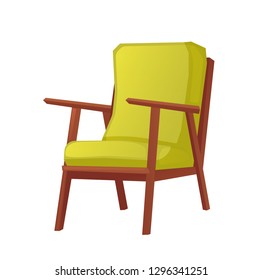 Wooden retro armchair with green pillow isolated. Vector cartoon illustration