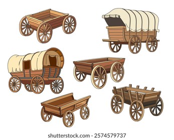 Wooden retro carts. Vintage cowboy wagons, old wild west chariots, carriages with tents and big wheels, farming, garden vehicles, historical transport cartoon flat isolated vector set