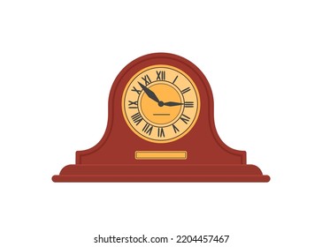 hölzerner Retro-Mantel-Uhr einzeln auf weißem Hintergrund. Innenraumkonzept. Cartoon-Flachstil. Vektorgrafik