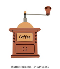 Wooden retro Manual coffee bean grinder isolated. 