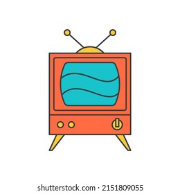 Wooden Retro Tv Set Box With Blue Wave Screen And Antenna Pop Art Groovy Style T Shirt Print Design Vector Cartoon Illustration. Vintage Television Broadcasting Cable Channel Communication Technology