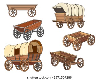 Wooden retro wagons. Farming vintage vehicles, old western carriages, ancient countryside transport with tents, big wheels, cargo empty wheelbarrows, cartoon flat isolated vector set