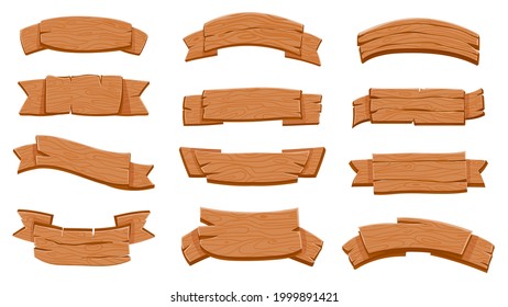 Wooden ribbon signboards. Cartoon wood curved banners for game. Textured rustic planks, plywood board labels, blank sign design vector set. Illustration signboard frame made from wood