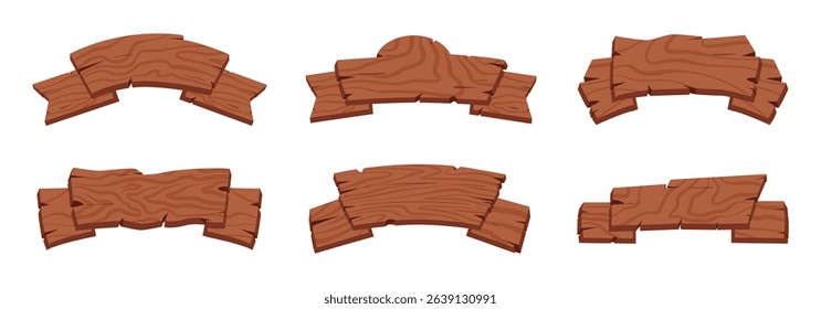 Wooden ribbons. Rustic blank sign boards and ribbon planks, vintage curved banners flat vector illustrations set. Rustic wooden ribbon planks