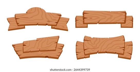 Wooden ribbons. Rustic blank sign boards and ribbon planks, wooden ribbon planks flat vector illustration set. Vintage curved wood banners