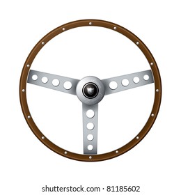 Wooden rim steering wheel with classic metal arms and rivets