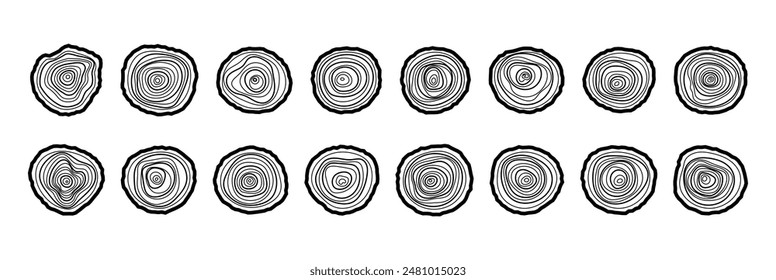 Wooden Ring Set. Round cut wood. Vector linear texture of wood on white background
