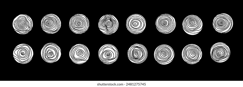 Wooden Ring Set. Vector linear texture of wood. Scribbles on black background