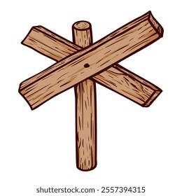 Wooden road pointer stick with crossed plank isometric vector illustration. Signboard wood sign post blank texture guidance billboard information location notice pole signpost cartoon crossroad