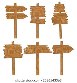Wooden road sign, arrow directional signs post, road signboard or signpost. Empty wooden sign background board plank set with right, left, both sides. Wooden pointer, grain wooden pole frame