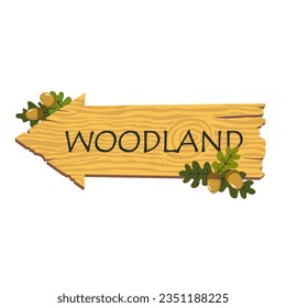 Wooden road sign in the form of an arrow with oak leaves and acorns. Illustrated vector clipart.