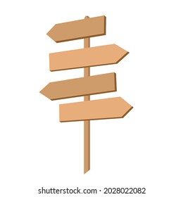 The wooden road sign at the intersection is empty. Vector clipart, white background.
