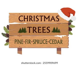A wooden road sign with a Santa Claus hat and a decoration of cones and fir branches. A road signpost with the inscription Christmas trees farms fresh. Illustrated vector clipart.