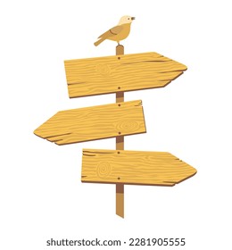 Wooden road sign with three arrows and a bird. Illustrated vector clipart.