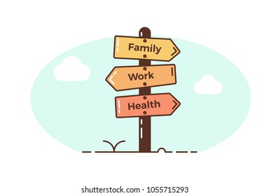 Wooden road signpost pointing toward different directions. Family, work, health. Lifestyle balance concept. Vector illustration design