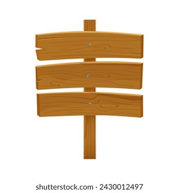 Wooden road signpost with three brown empty boards on stick for signages vector illustration