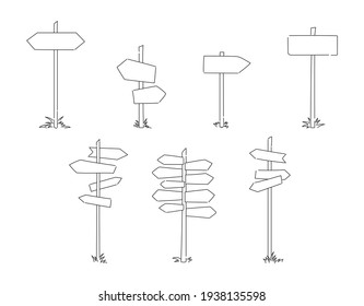 Wooden road signposts. Sketch illustration of road signs.