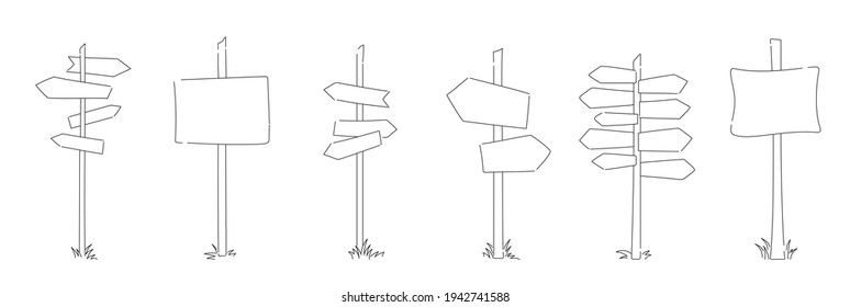 Wooden road signposts. Sketch illustration of road signs.