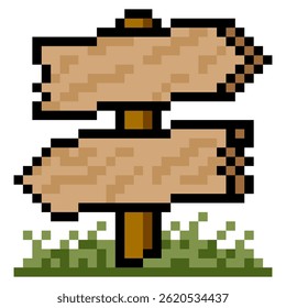Sinal de seta de madeira à beira da estrada em estilo pixel art