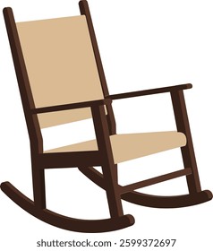 A wooden rocking chair with a soft beige seat cushion invites relaxation, embodying a cozy atmosphere perfect for leisurely moments.