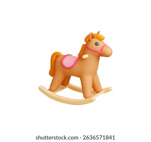 Wooden rocking horse 3d icon. Children toy for home, nursery decorative element. Isolated plasticine style rendering design, vector object