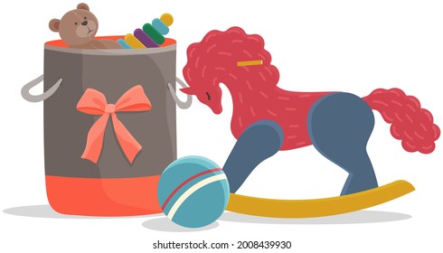 Wooden rocking horse, basket with toys and ball. Toy animals, teddy bear isolated on white background. Colored horse, toys for playing with children. Elements of interior of hildren s room