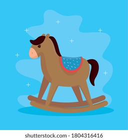 wooden rocking horse, children toy, in blue background vector illustration design