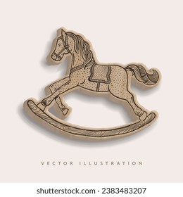 Wooden rocking horse, hand drawn vintage toys, realistic vector illustration