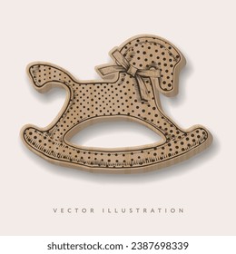 Wooden rocking horse, hand drawn vintage toys, realistic vector illustration